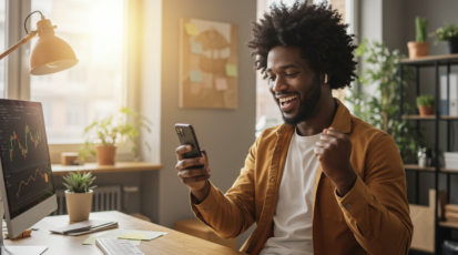 “Happy trader celebrating a successful crypto trade while checking his phone at a home office setup.